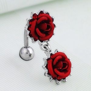 ❤️ 2 for $25 ❤️ Dangling Red Gem Rose Bud Belly Button Ring Naval Piercing